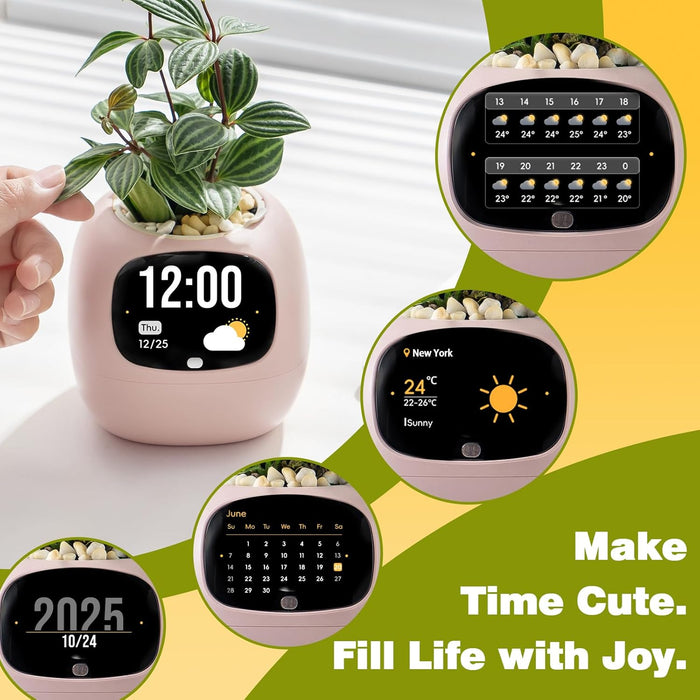 Plantsio AI Smart Pot for Plants with App Control, Self-Watering, Visual Display & 80ml Reservoir, Digital Plant Pot Supports 100+ Plants, Pomodoro Timer, Clock & Calendar,Desk & Office Planter-Pink